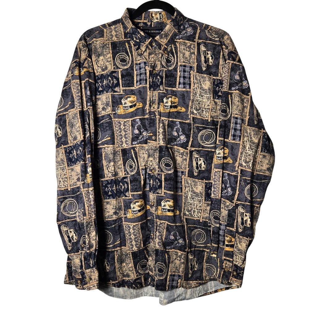 Bit & Bridle Mens Long Sleeve Button Shirt Large Western Cowboy Rodeo Ranch AOP